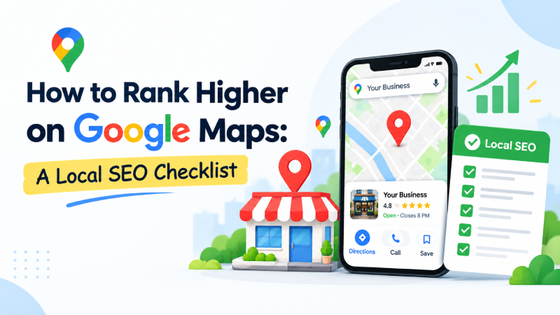 How to rank higher on Google Maps with a local SEO checklist covering Google Business Profile optimization, customer reviews, local keywords, business listings, and local search visibility.