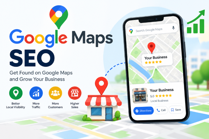 What is Google Maps SEO illustration showing local business visibility, Google Maps search results, and location-based search optimization.