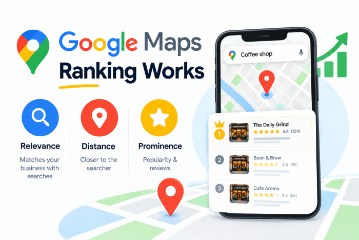 How Google Maps ranking works, illustrating local search results, business locations, map pins, and local SEO factors that influence visibility.