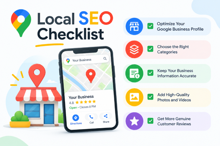 Local SEO checklist to rank higher on Google Maps, covering Google Business Profile optimization, customer reviews, local keywords, business information, and map visibility.